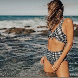 Albion Fit Black Check Gingham Top Knot Bikini Top and High Waisted Bottoms